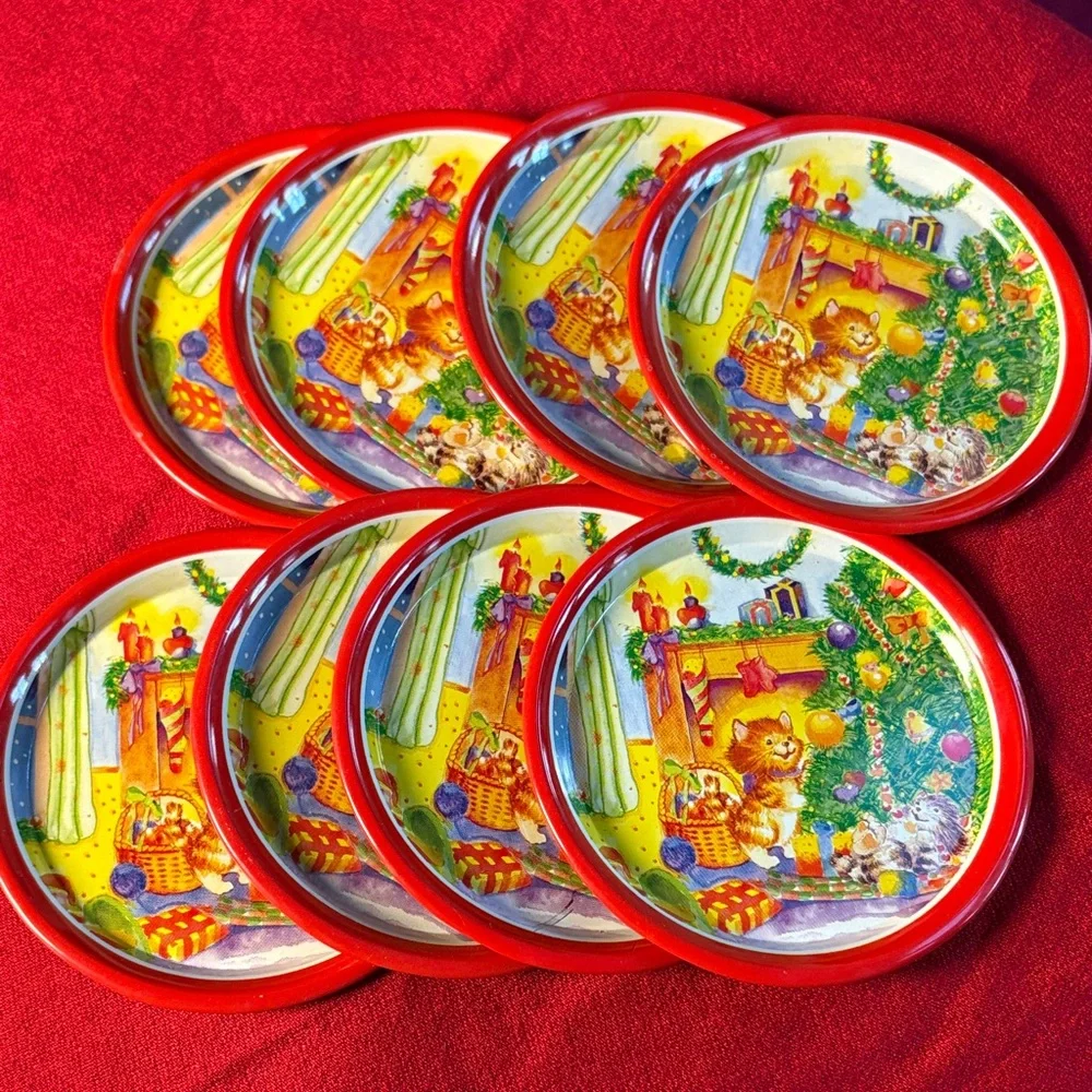 Holiday Cheer Christmas Tin Coaster Set of 8- Red and Green - Kitten